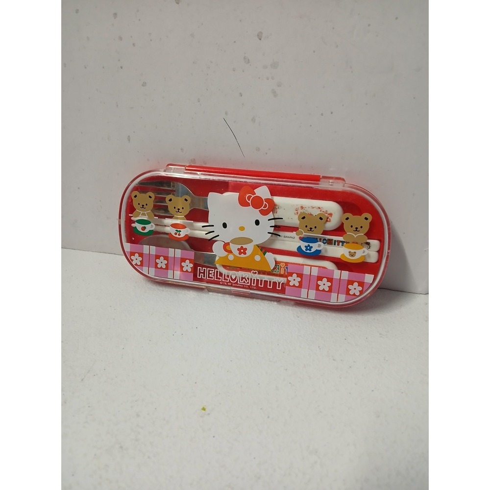 Hello Kitty Spoon Fork Chopsticks Trio Set Red 1995 Sanrio Tea Party Series